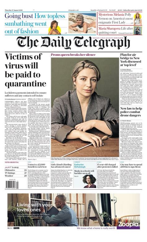Daily Telegraph Front Page 27th Of August 2020 Tomorrow S Papers Today