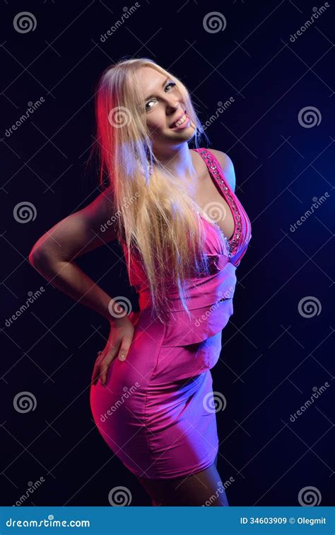 Happy Blonde In A Pink Dress Stock Image Image Of Standing Side