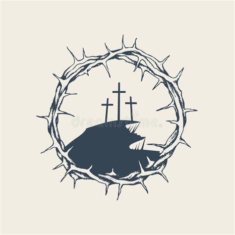 Mount Calvary With Three Crosses In Crown Of Thorns Stock Vector