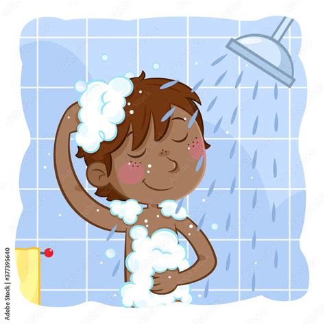 Taking A Shower Washing Hair Daily Routine Illustration Cute