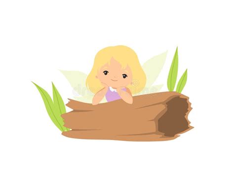 Little Forest Fairy Sitting On Hollow Log Lovely Blonde Fairy Girl