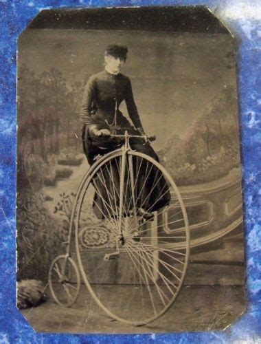 Antique Woman Riding High Wheel Bicycle Tintype Photograph