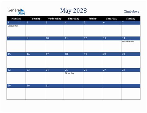 May 2028 Zimbabwe Holiday Calendar