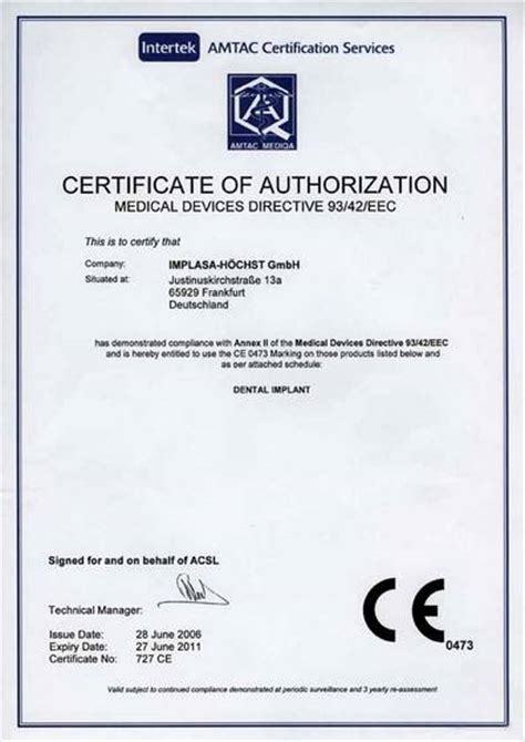 Certificate Of Authorization From Implasa Hoechst Gmbh Russia