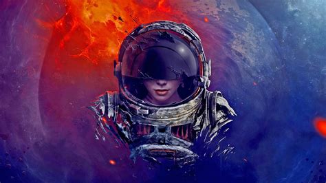 Digital Art Astronaut Spacesuit Helmet Universe Space Fire Women