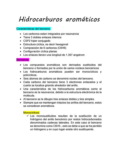Resumenes De Guias Apuntes Hidrocarburos Aromáticos Características Del Benceno Los