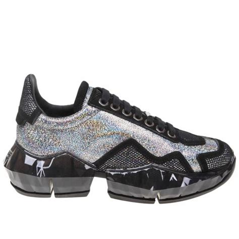 Jimmy Choo Outlet Diamond F Sneakers In Mesh And Glitter Leather