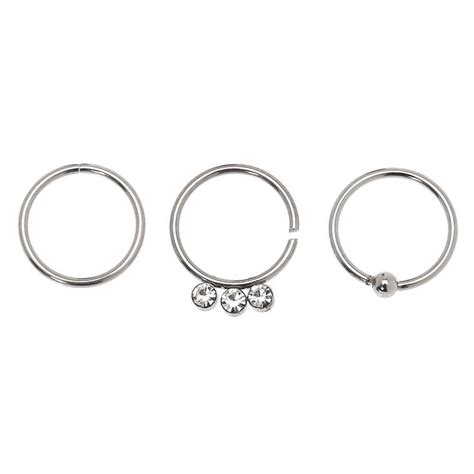 Silver 20g Triple Crystal Hoop Nose Rings 3 Pack Claires Us