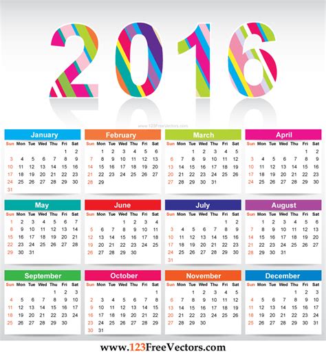 12 Vector Calendar 2016 Images Free Colorful Printable Calendar 2016