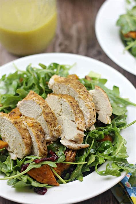Season with a little salt and pepper. Arugula Salad with Roasted Sweet Potato, Chicken, and Pecans