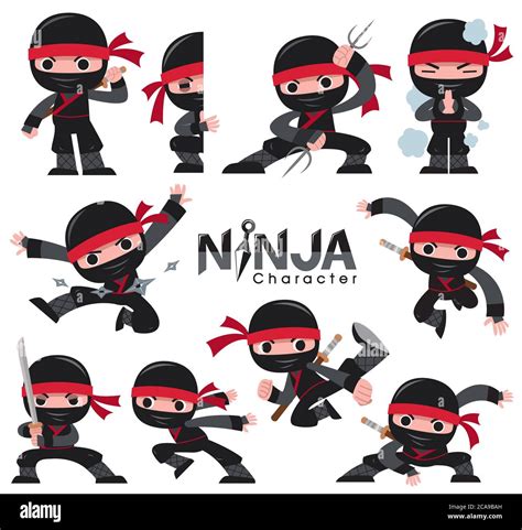 Vector Illustration Of Cartoon Ninja Character Set Fighting Poses