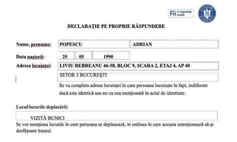 Va punem la dispozitie modelul declaratiei pe proprie raspundere referitoare la circulatia persoanelor in afara locuintei/gospodariei, in intervalul orar 20. Model: Cum se completeaza corect declaratia pe proprie raspundere pentru iesirea din casa