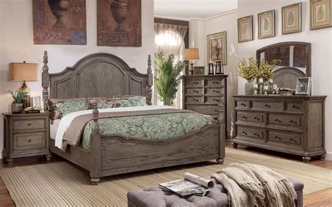 Bedroom Furniture Wire Brushed Gray California King Size Poster Bed W