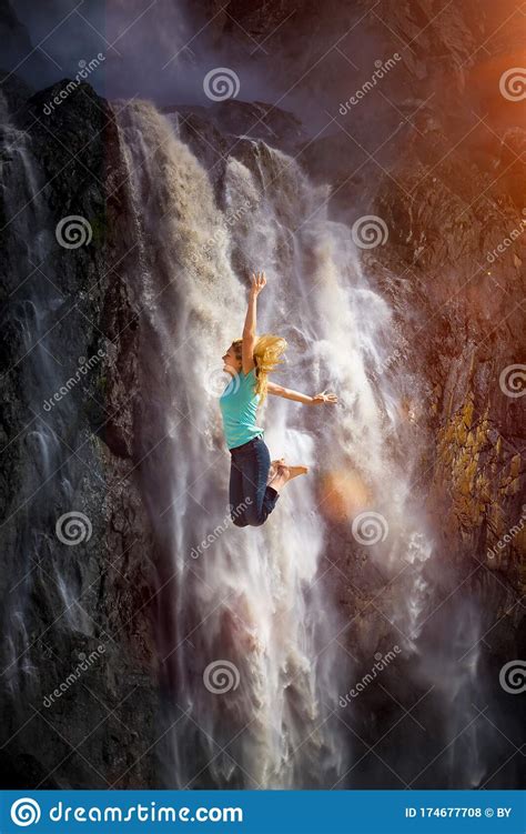 Woman Jumping At A Waterfall Stock Photo Image Of Gavarnie Beauty