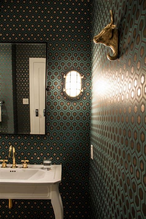 The Bathrooms Teal And Gold Hexagonal Patterned Wallpaper Adds A