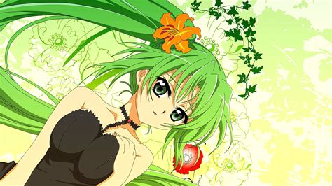 green hair long hair green eyes looking at viewer boobs big boobs curvy anime anime