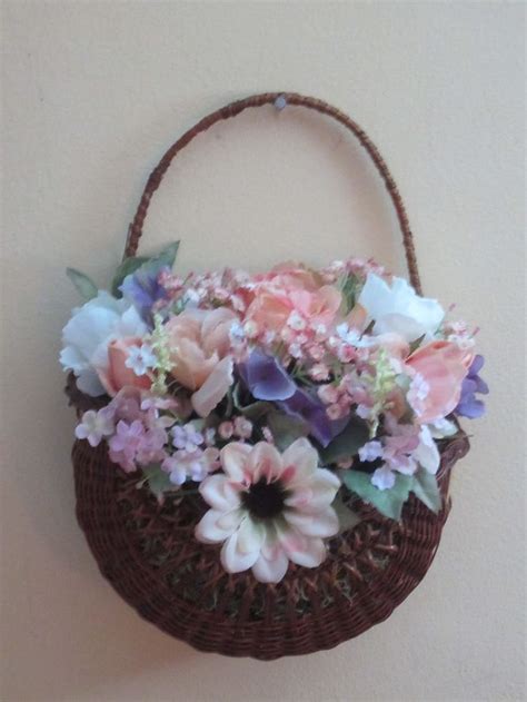 Silk Floral Arrangement In Wicker Hanging Wall Basket Flowers Silk