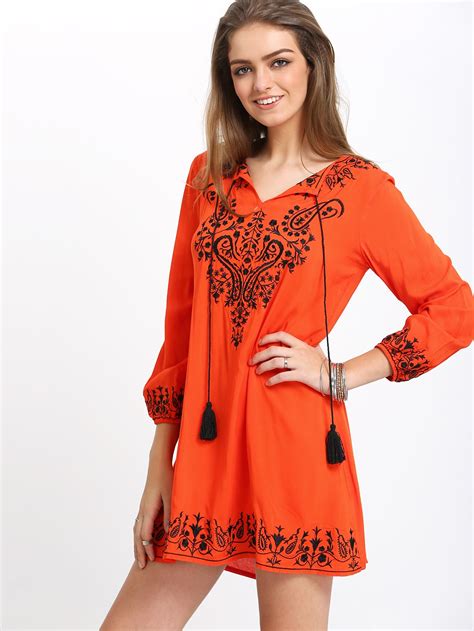 Orange Drawstring Neck Tribal Print Dress Sheinsheinside