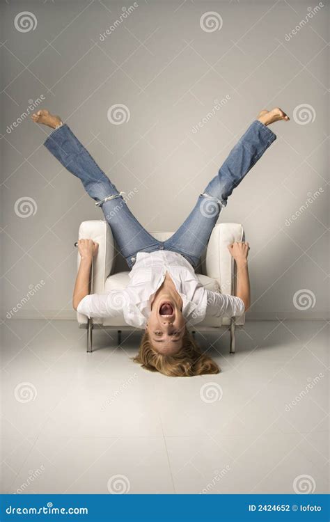 Woman Upside Down Hair Out Mouth Open Royalty Free Stock Photo