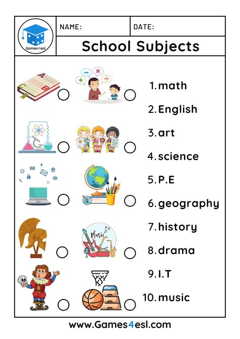 Subject Identification Worksheet 1st Grade