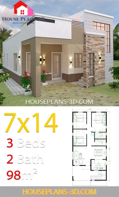 House Design 7x14 With 3 Bedrooms Terrace Roof House Plans 3d