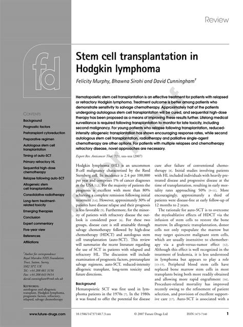 Pdf Stem Cell Transplantation In Hodgkin Lymphoma
