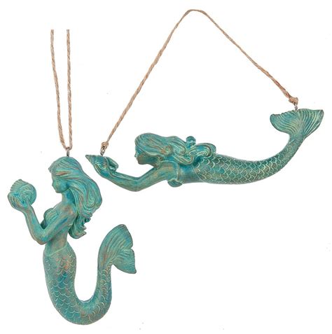 Teal Blue Mermaids Christmas Holiday Ornaments Set Of 2 Resin Mary B