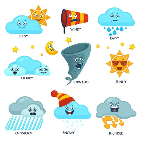 Premium Vector Weather Forecast Elements With Faces And Signs Set
