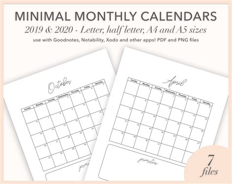 Monthly Calendars 2019 Calendar 2020 Calendar Planner Etsy