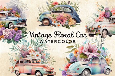 Floral Vintage Car 2 Watercolor Clipart Graphic By Folv · Creative Fabrica