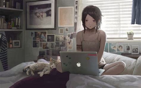 1girl Bed Bedroom Black Hair Cat Computer Highres Indoors Laptop On Bed Original Short Hair