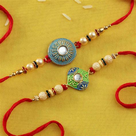 Kundan Stone Set Of Rakhis With Meena Pearls Work Gift Send Rakhi