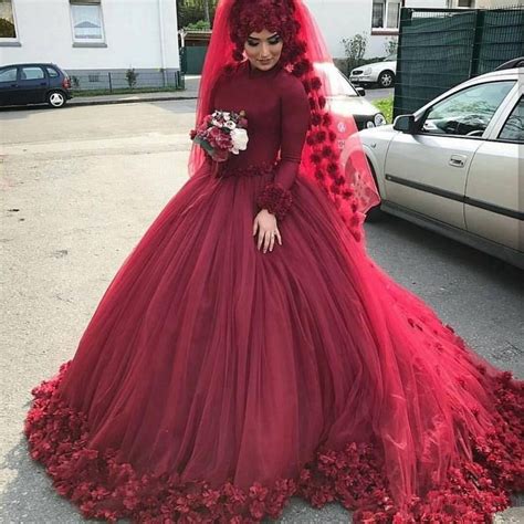 3d Flower Burgundy Muslim Wedding Dresses 2019 Arabic Plus Size Islamic