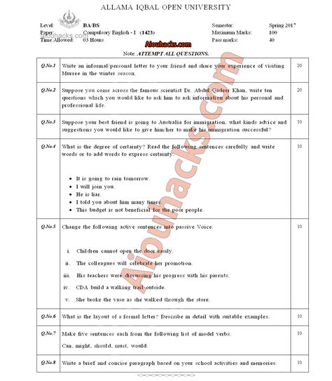Aiou Babs 1423 Compulsory English I Past Papers Autumn Spring