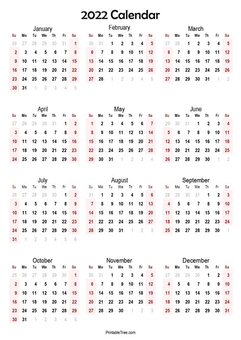 2022 Year Calendar Yearly Printable 1 Year Calendar At A Glance Ten