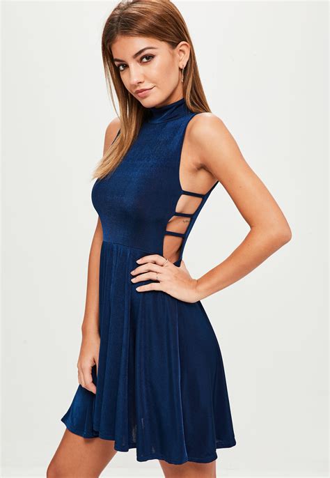 Missguided Synthetic Navy Slinky Cut Out Side Skater Dress In Blue Lyst