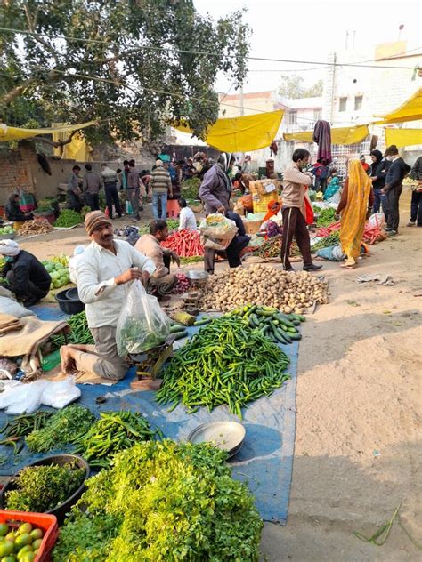 Traditional Indian Vegetable Market People Purchasing Vegetables From