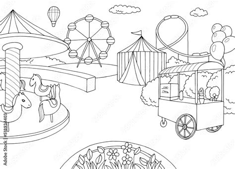 Vetor De Amusement Park Landscape Graphic Black White Sketch