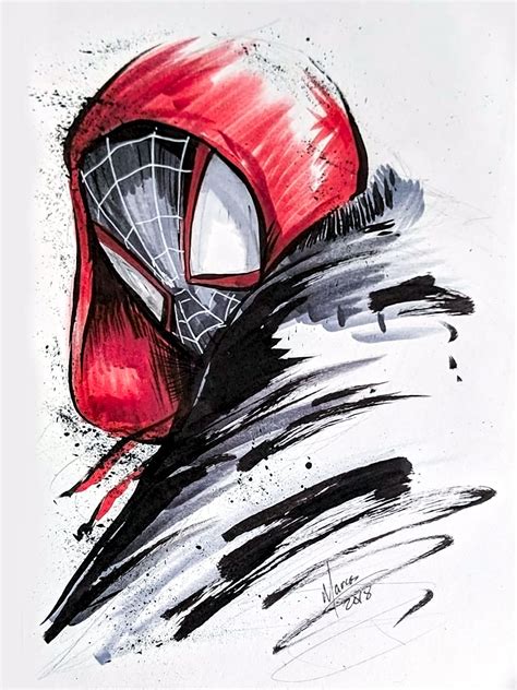 A Drawing Of A Spider Man Wearing A Red Helmet With Black Paint