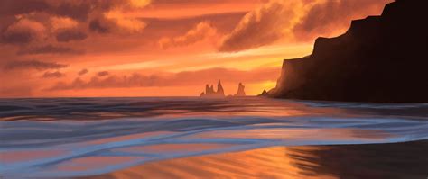Download Wallpaper 2560x1080 Sea Sunset Rocks Beach Art Dual Wide