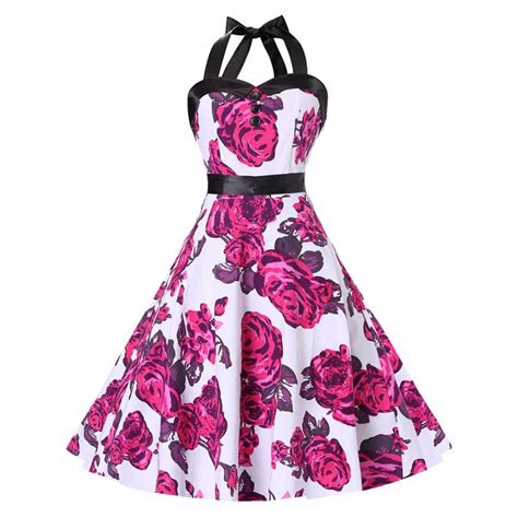 rose print halter neck swing dress 50s vintage dress retro 1950s style women pin up rockabilly