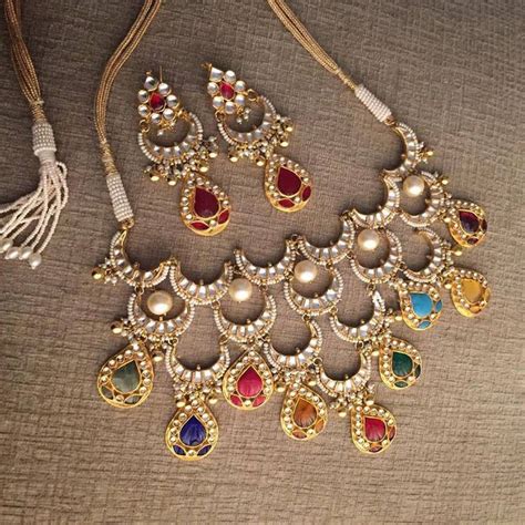 Navratan Semi Precious Stone Kundan Set Gold Plated Jadau Kundan Jewelry Bridal