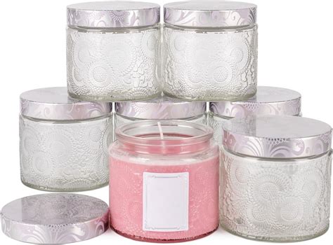 10 Oz Embossed Glass Candle Container With Tin Lid And Labels Clear