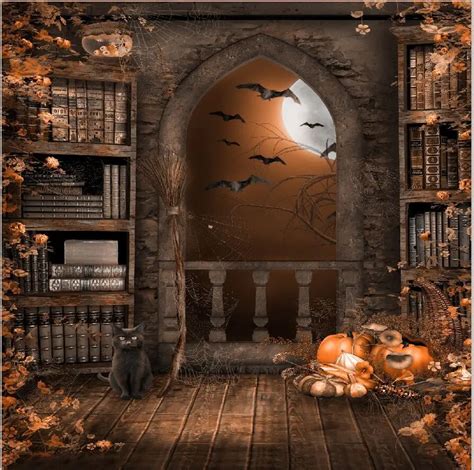 10x10ft Halloween Night Moon Bats Pumpkins Books Canbinet Arch Balcony