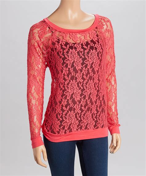 Bright Coral Lace Long Sleeve Top By Heart And Hips Zulily Zulilyfinds