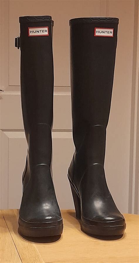 Rare Hunter Fulbrooke Tall Black Rubber High Heel Wellies Rain Boots Uk 5 Ebay