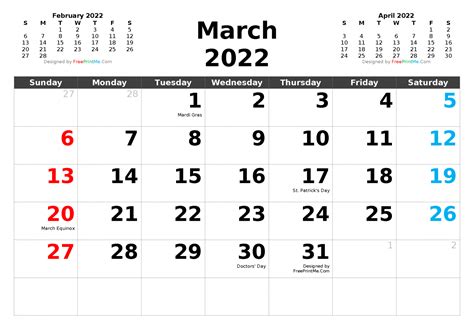 Free Printable March 2022 Calendar With Holidays Pdf Png