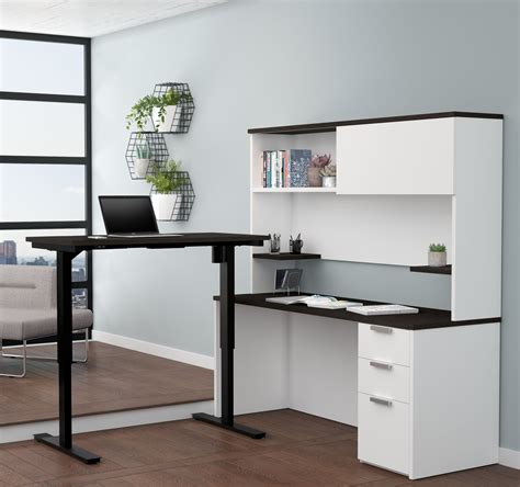 Modern White And Deep Gray L Shaped Desk With Height Adjustable Side