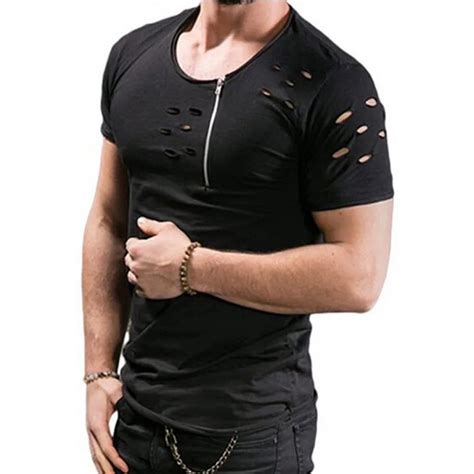 Summer T Shirts Mens Clothing O Neck Short Sleeve Holes Zipper T Shirt