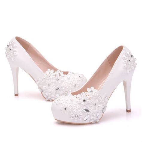 Lace Flower Wedding Shoes Women High Heels 14cm Crystal Bridal Shoes